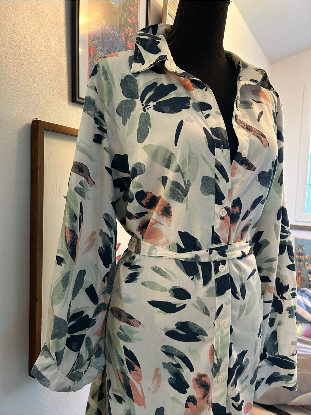 Abstract Floral Button-Up Shirt Dress in White with Navy & Blush- XXL A New Day